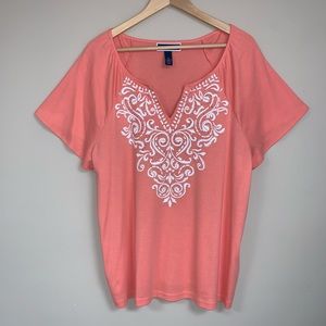 Peach Shirt Women’s 1X Embroidered Boho Loose Fit Casual Top Appliqué Summer